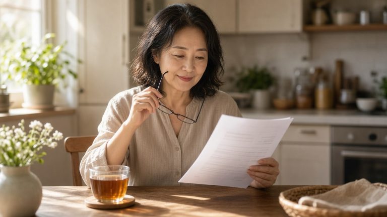 건강검진 결과표를 읽는 50대 여성
