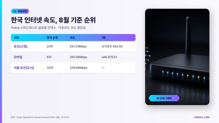 인터넷 속도 측정 전 체크: 한국 유선 22위·모바일 6위(2026년 8월 기준)