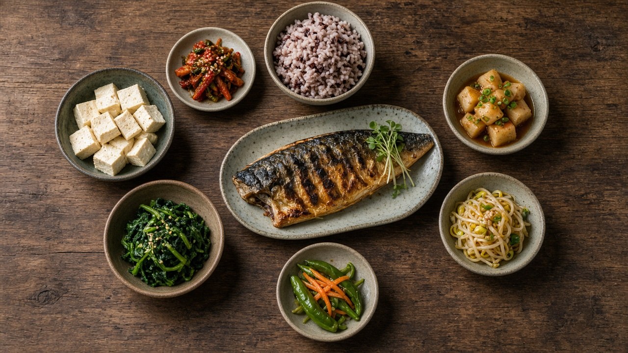 잡곡밥과 채소 반찬 위주의 한식 상차림