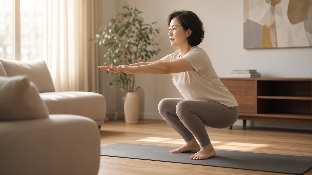 거실에서 근력 운동을 하는 50대 여성